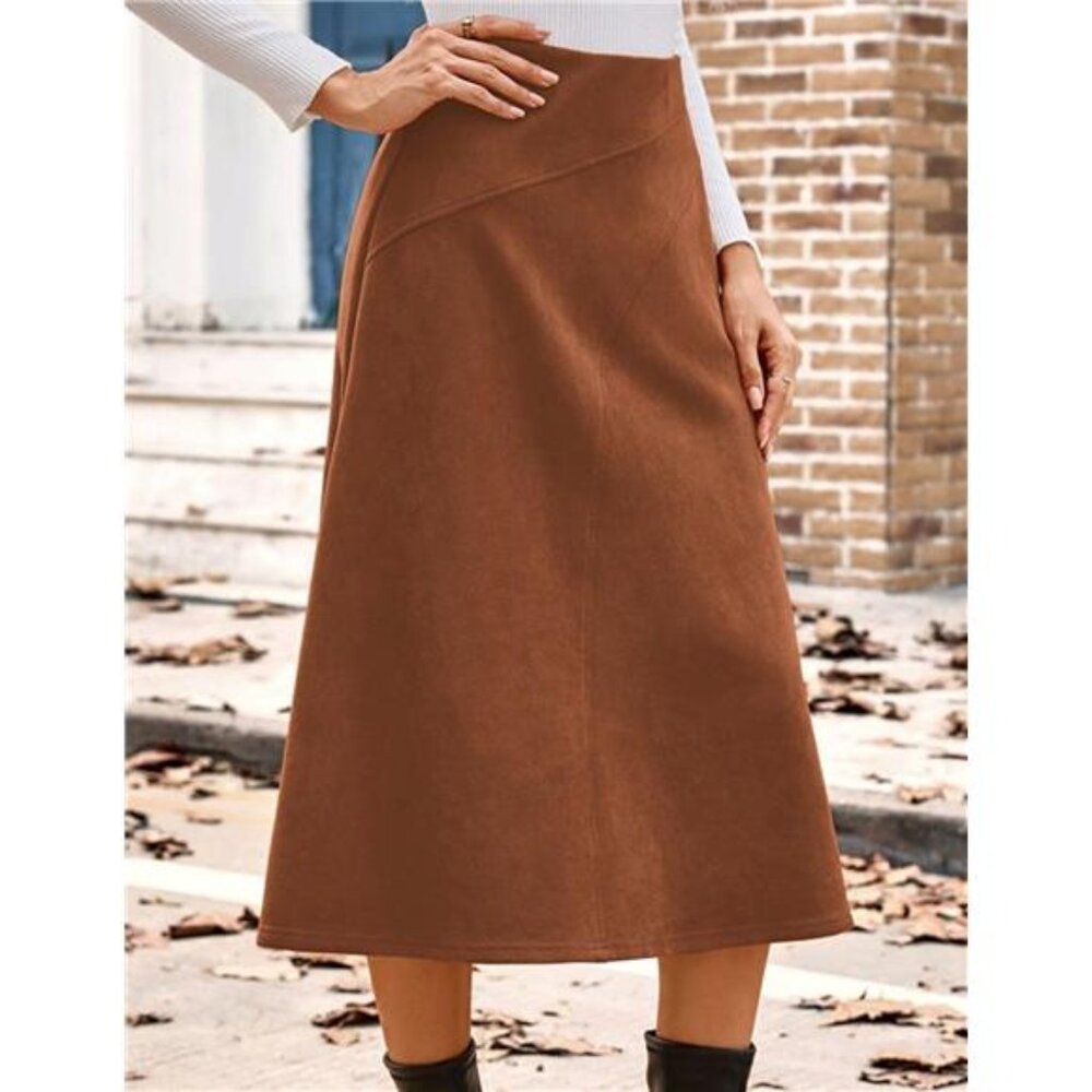 Women's Suede Skirt High Waist A-Line Skirt Winter Midi Skirt - Picture 3 of 7